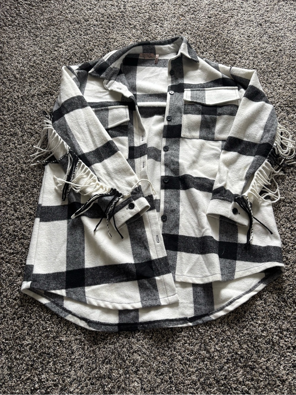 Badgley Mischka Black & White Plaid Button-Down Shirt Jacket with Fringe Detail
